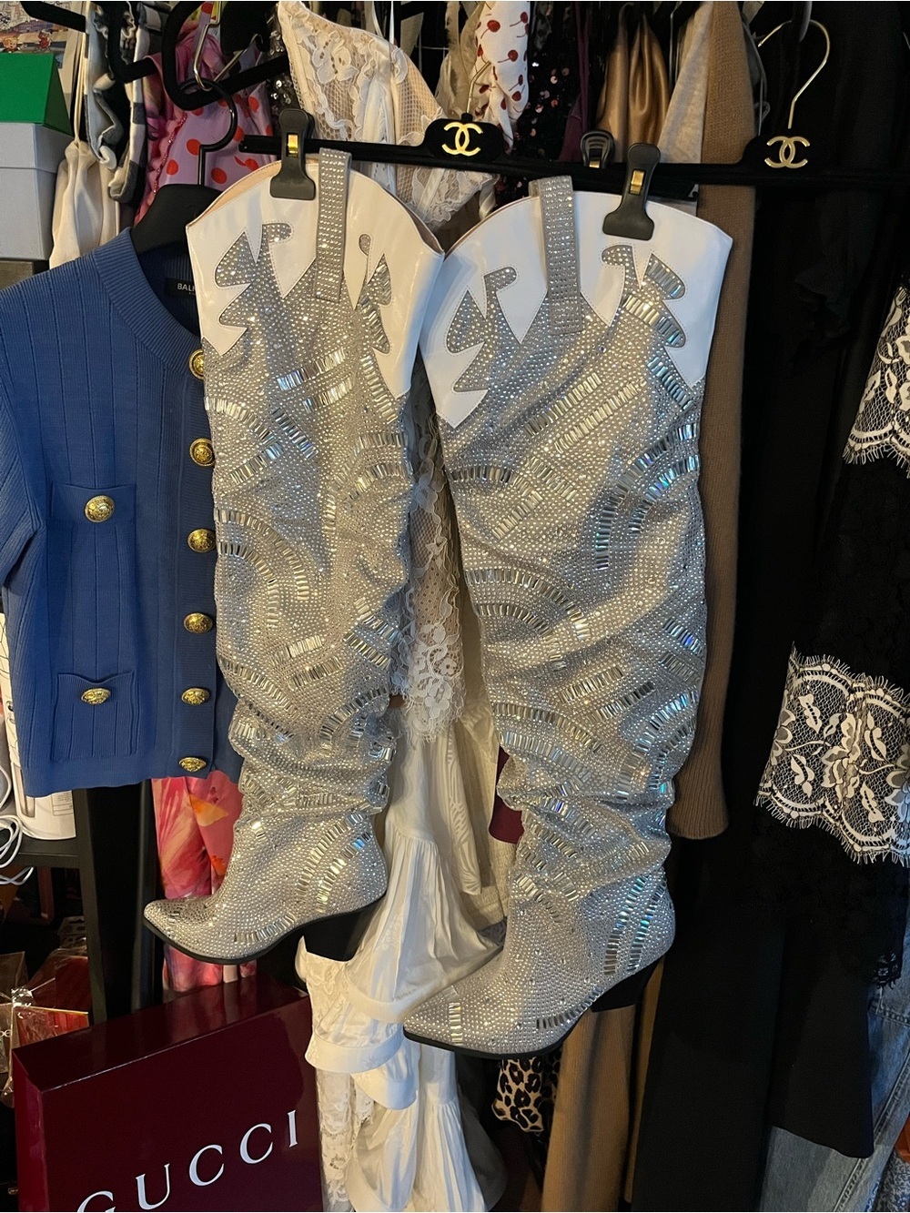 Embellished Silver Crystal Cowboy Boots thigh high size 9 💎💎💎💎
